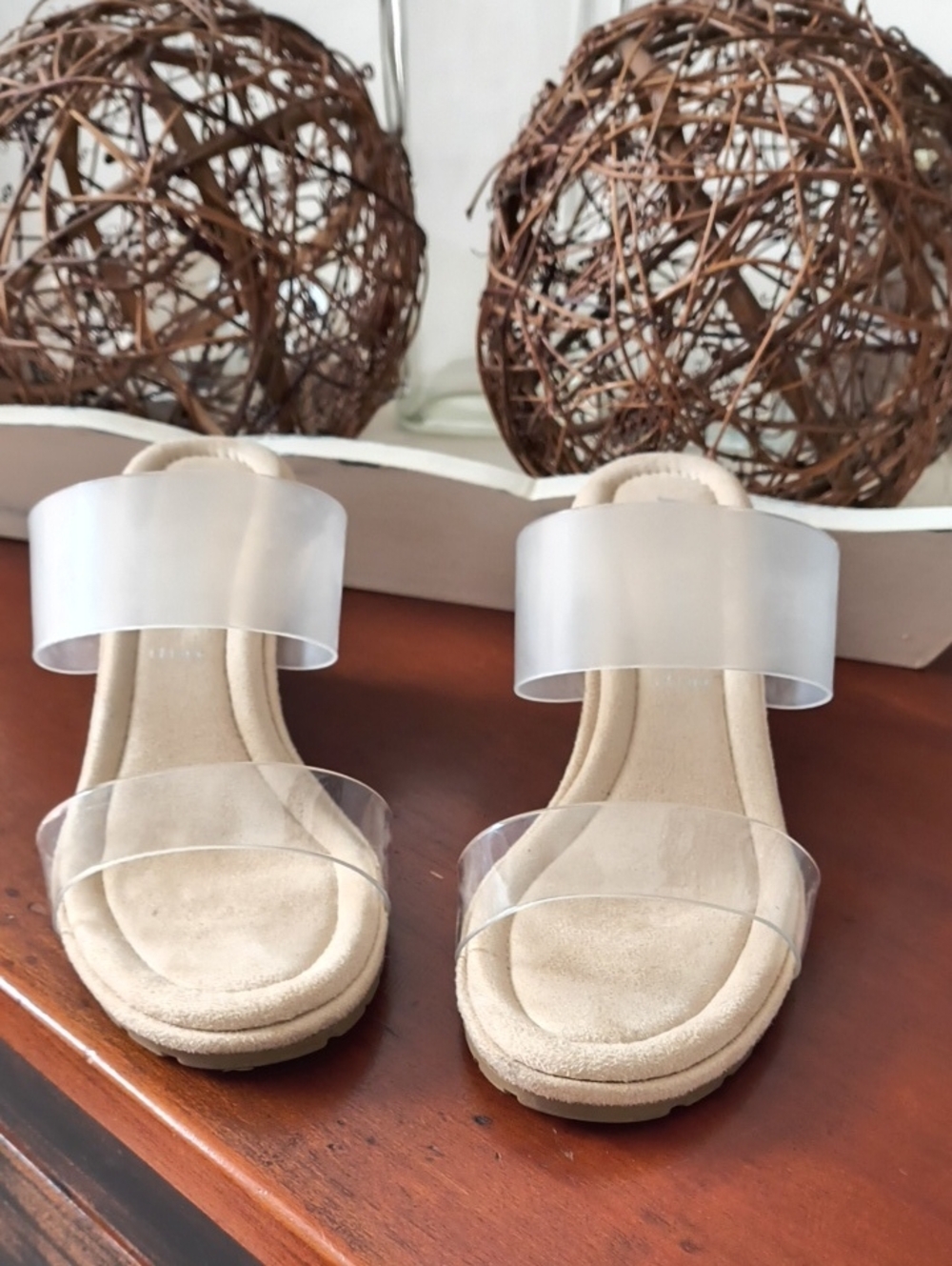 Anne Klein Beige Slide Sandals with Clear Straps